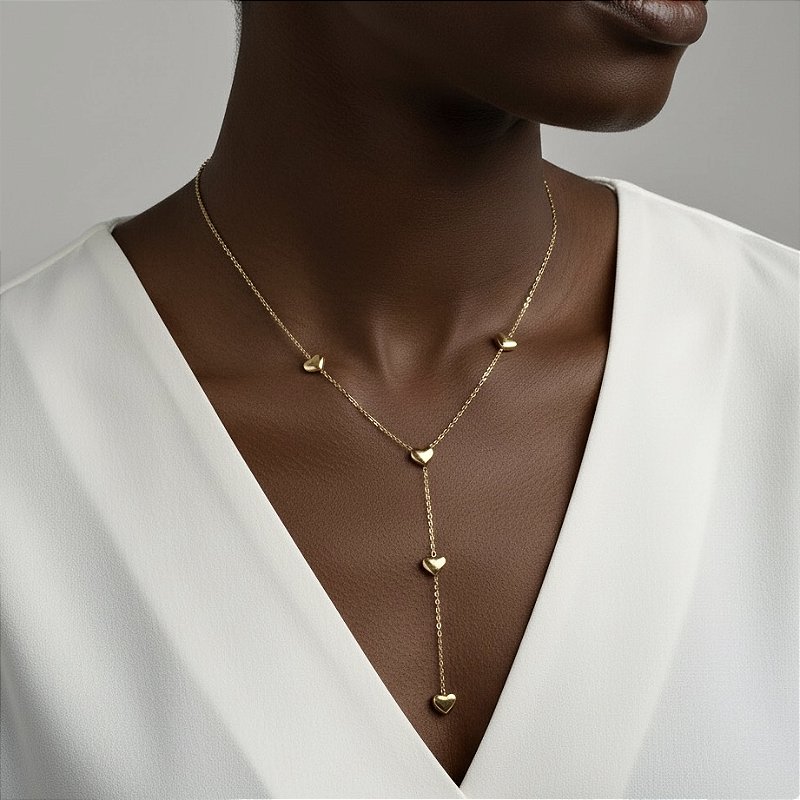 COLAR GRAVATINHA CORRENTE DELICADA CORAÇÕES DOURADO AÇO 316L⭐️