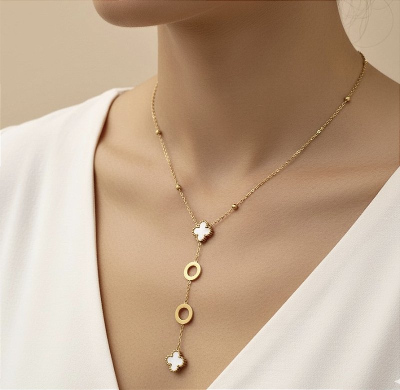 COLAR GRAVATINHA CÍRCULOS E TREVOS RESINADOS DOURADO AÇO 316L⭐️