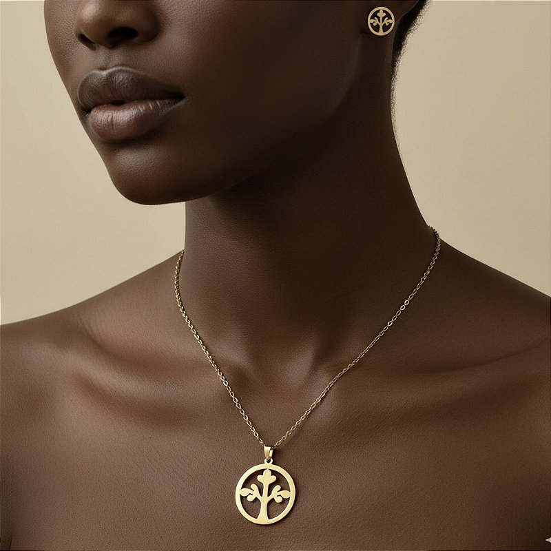 COLAR E BRINCO KIT PLAQUINHA ÁRVORE FINA VAZAD AÇO 316L⭐️