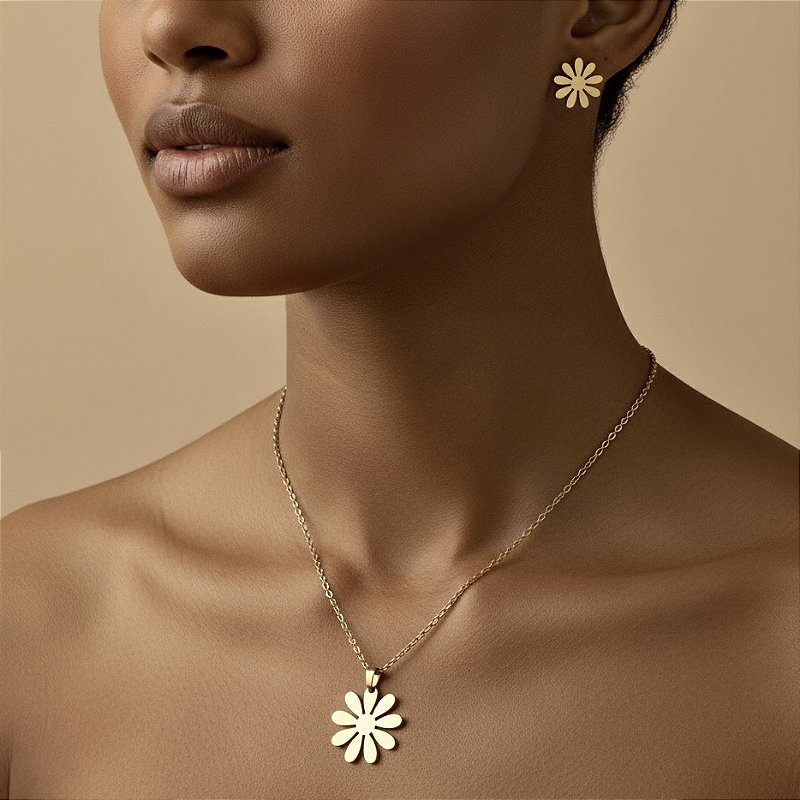 COLAR E BRINCO KIT FLOR G DOURADO AÇO 316L⭐️