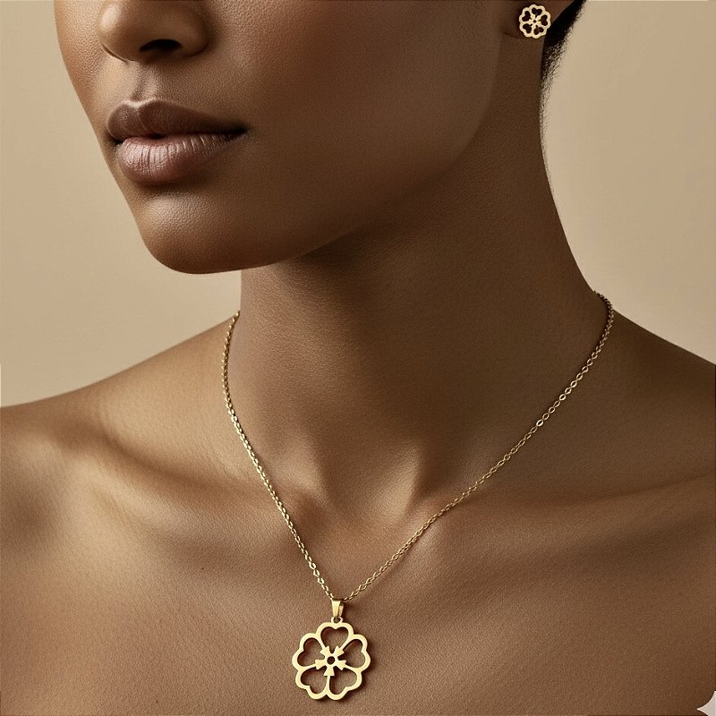 COLAR E BRINCO KIT FLOR VAZADA DOURADO AÇO 316L⭐️