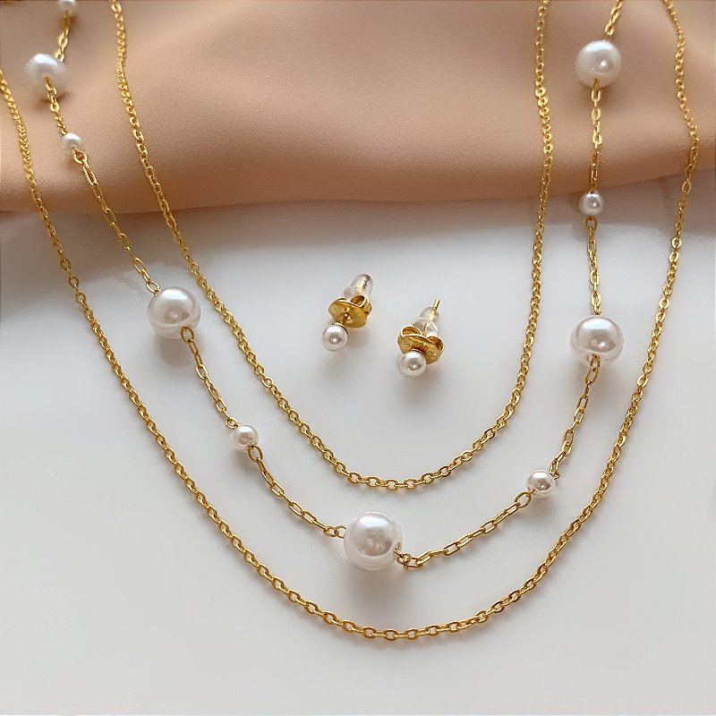 COLAR E BRINCO KIT CORRENTE TRIPLA PÉROLAS DOURADO AÇO 316L PREMIUM⭐️