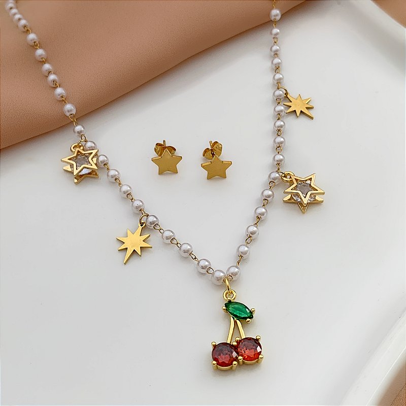 COLAR E BRINCO KIT CORRENTE PÉROLAS PINGENTES CEREJA E ESTRELA ZIRCÔNIAS DOURADO AÇO 316L PREMIUM⭐️