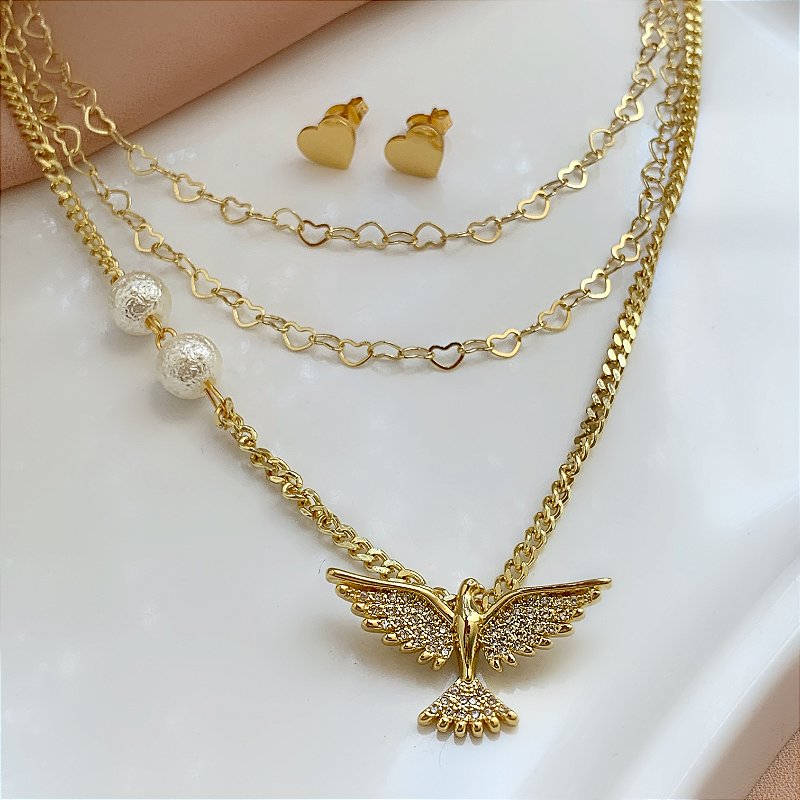 COLAR E BRINCO KIT CORRENTE TRIPLA ELOS CORAÇÕES ESPÍRITO SANTO ZIRCÔNIAS DOURADO AÇO 316L PREMIUM⭐️