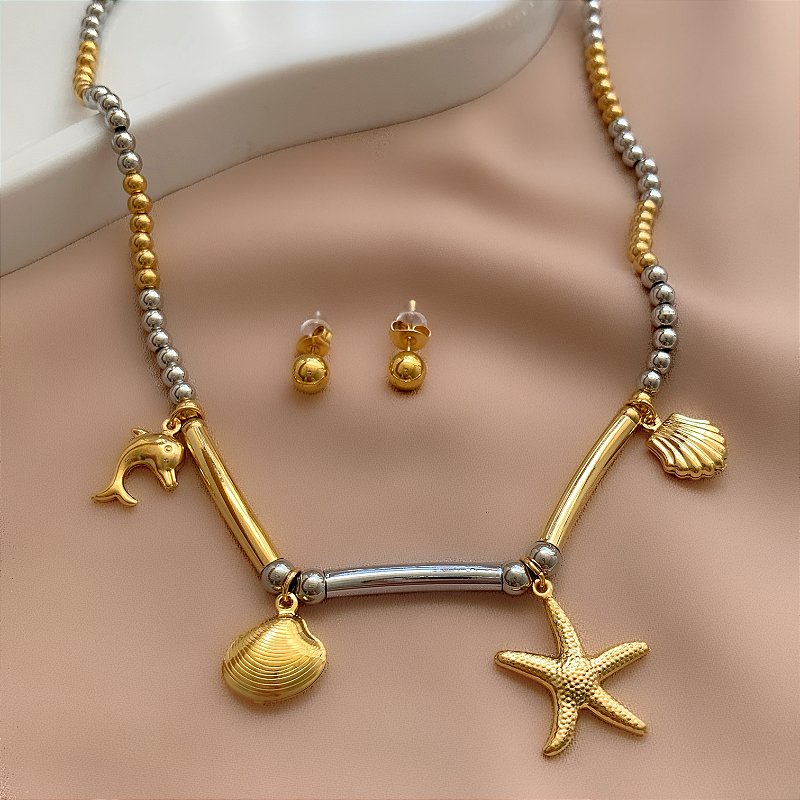 COLAR E BRINCO KIT MIX DE BANHOS CORRENTE BOLINHAS VERÃO DOURADO AÇO 316L PREMIUM⭐️