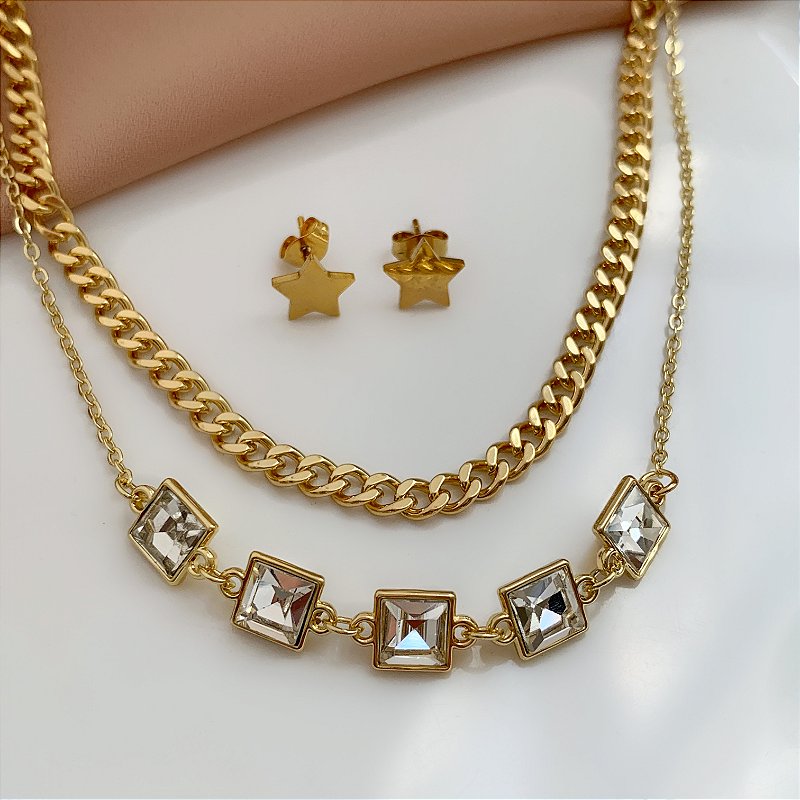 COLAR E BRINCO KIT CORRENTES ZIRCÔNIAS QUADRADAS DOURADO AÇO 316L PREMIUM⭐️