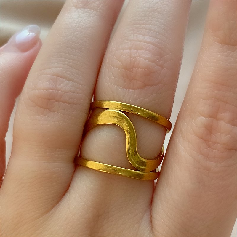 ANEL REGULÁVEL FIOS ONDA DOURADO AÇO 316L PREMIUM⭐️