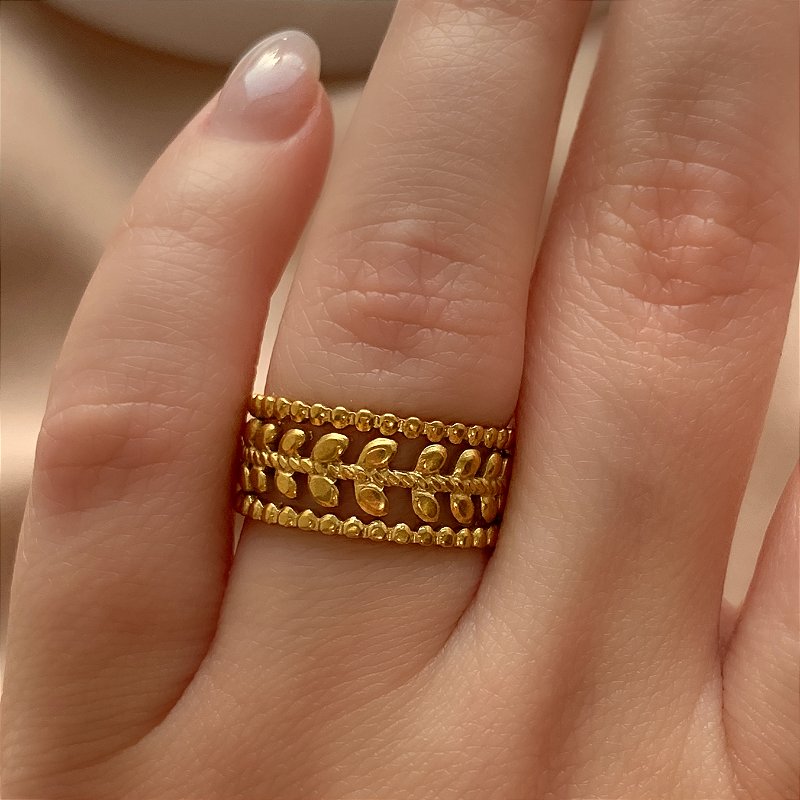 ANEL REGULÁVEL RAMINHOS BORDA BOLINHAS DOURADO AÇO 316L PREMIUM⭐️