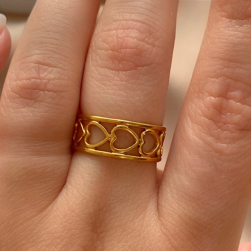 ANEL REGULÁVEL FILEIRA CORAÇÕES DOURADO AÇO 316L PREMIUM⭐️