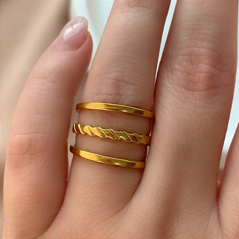 ANEL REGULÁVEL FIOS LISOS E TORCIDO DOURADO AÇO 316L PREMIUM⭐️