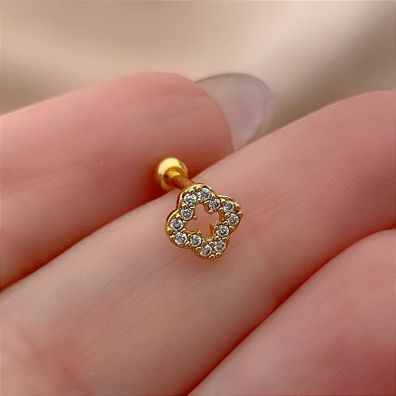 PIERCING CARTILAGEM TREVO VAZADO ZIRCÔNIA 6MM HASTE AÇO 316L FOLHEADO A OURO 18K SEMIJOIA PARA ATUALIZAÇÃO⭐️
