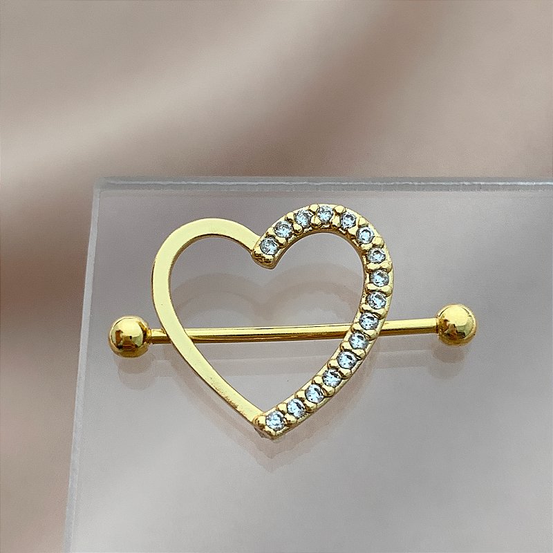 PIERCING MAMILO / ÍNTIMO CORAÇÃO METADE ZIRCÔNIA 12MM AÇO 316L FOLHEADO A OURO 18K SEMIJOIA PARA ATUALIZAÇÃO⭐️