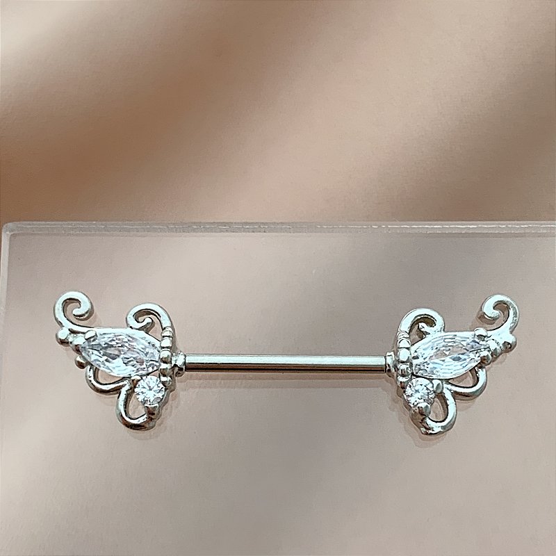 PIERCING MAMILO / ÍNTIMO RETO DETALHADO ZIRCÔNIAS 14MM AÇO 316L FOLHEADO A RÓDIO PARA ATUALIZAÇÃO⭐️