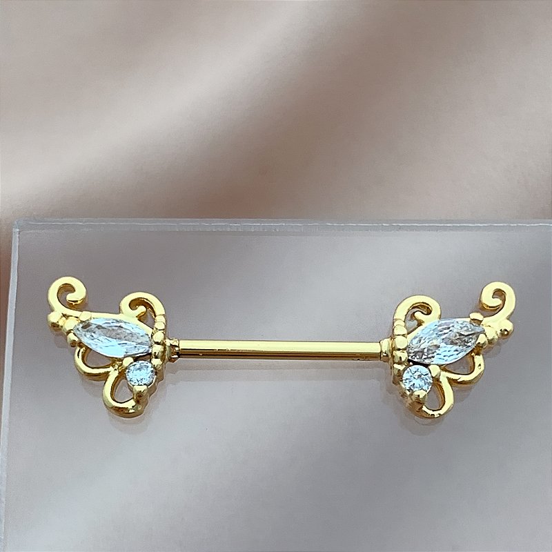 PIERCING MAMILO / ÍNTIMO RETO DETALHADO ZIRCÔNIAS 14MM AÇO 316L FOLHEADO A OURO 18K PARA ATUALIZAÇÃO⭐️