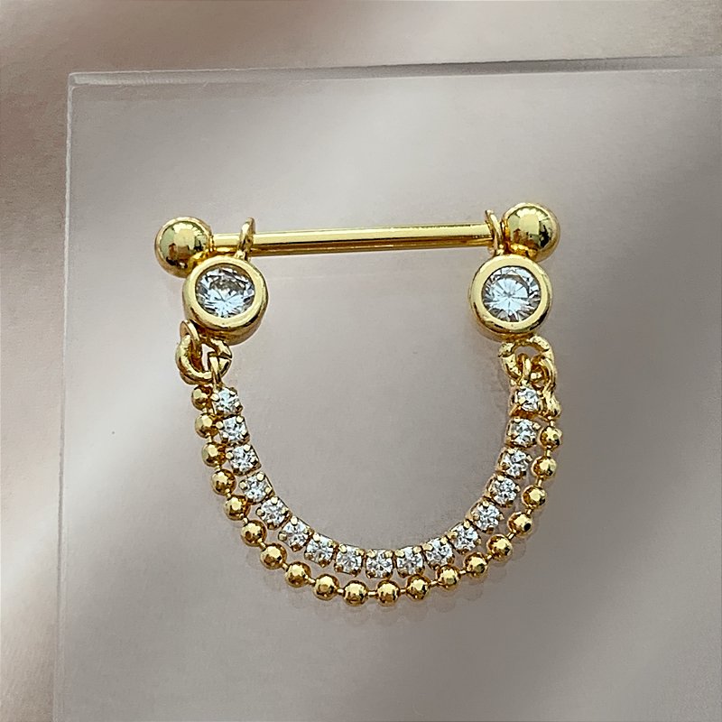 PIERCING MAMILO / ÍNTIMO CORRENTE BOLINHAS E ZIRCÔNIAS 14MM AÇO 316L FOLHEADO A RÓDIO PARA ATUALIZAÇÃO⭐️