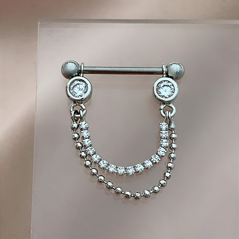 PIERCING MAMILO / ÍNTIMO CORRENTE BOLINHAS E ZIRCÔNIAS 14MM AÇO 316L FOLHEADO A RÓDIO PARA ATUALIZAÇÃO⭐️