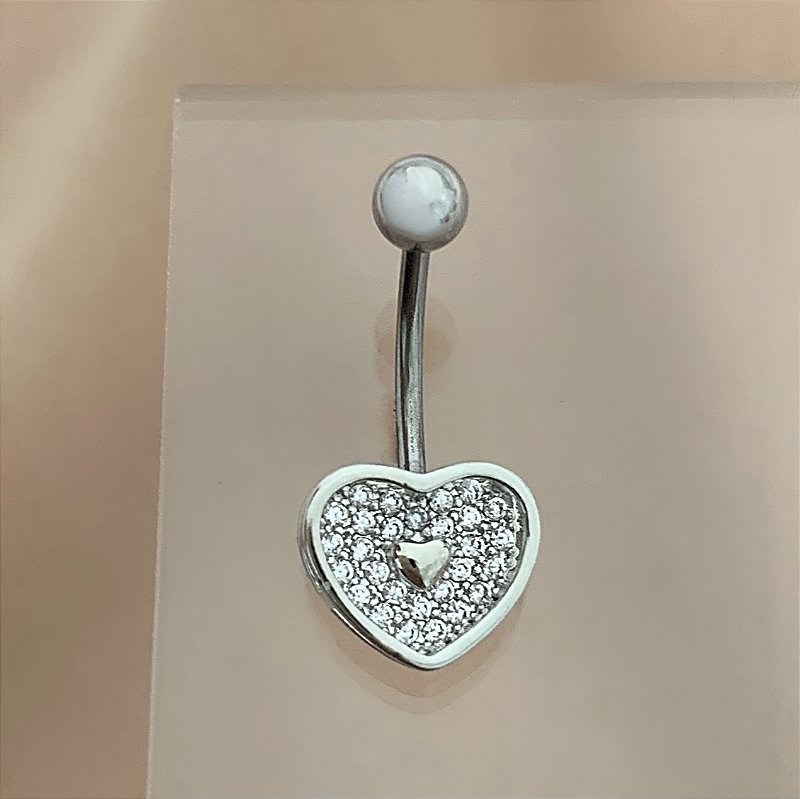 PIERCING UMBIGO CORAÇÃO FUNDO ZIRCÔNIAS 10MM AÇO 316L FOLHEADO A RÓDIO SEMIJOIA PARA ATUALIZAÇÃO⭐️
