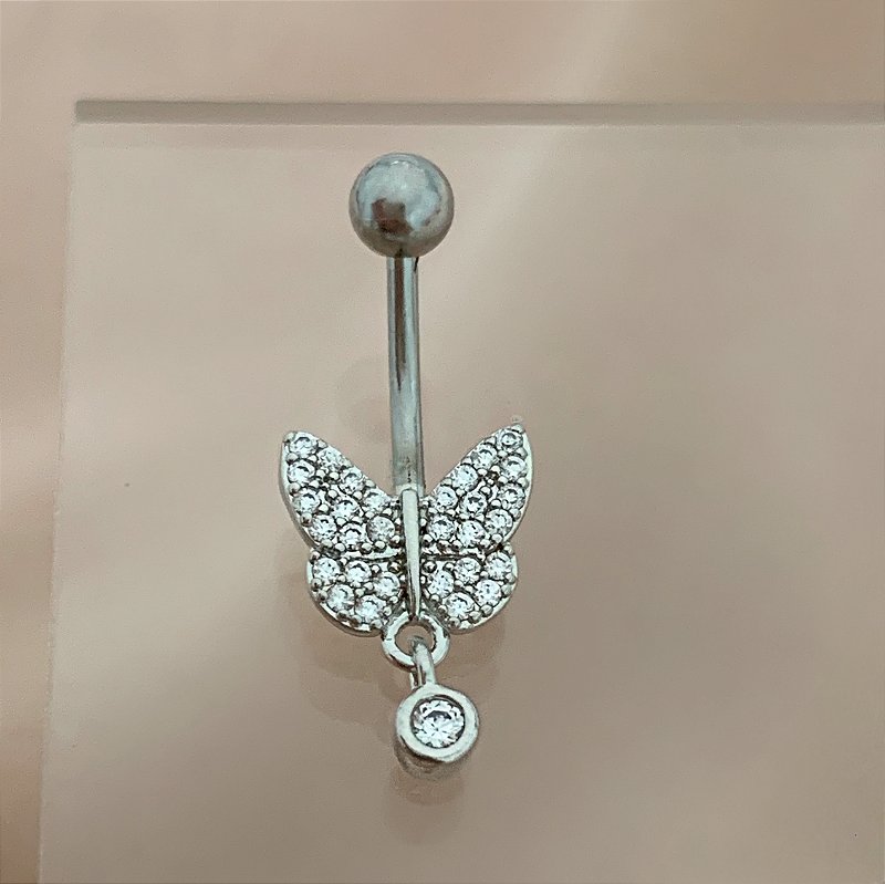 PIERCING UMBIGO BORBOLETA ZIRCÔNIAS MINI PINGENTE 10MM AÇO 316L FOLHEADO A RÓDIO SEMIJOIA PARA ATUALIZAÇÃO⭐️