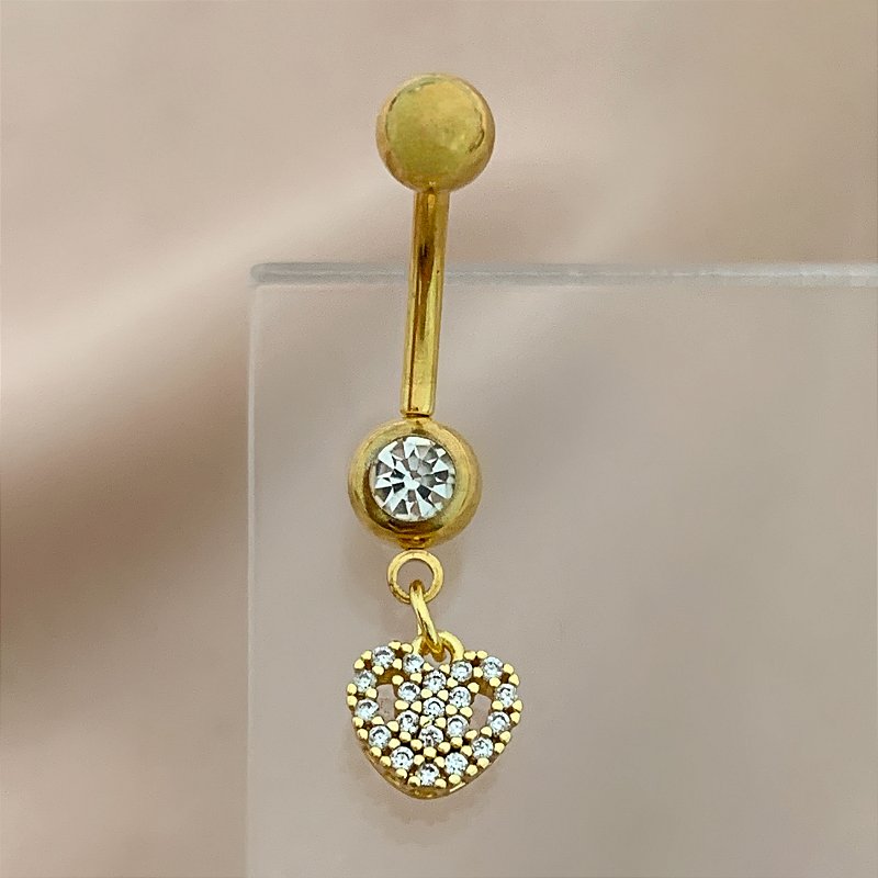 PIERCING UMBIGO CORAÇÃO ZIRCÔNIAS DETALHADAS 10MM AÇO 316L FOLHEADO A OURO 18K SEMIJOIA PARA ATUALIZAÇÃO⭐️