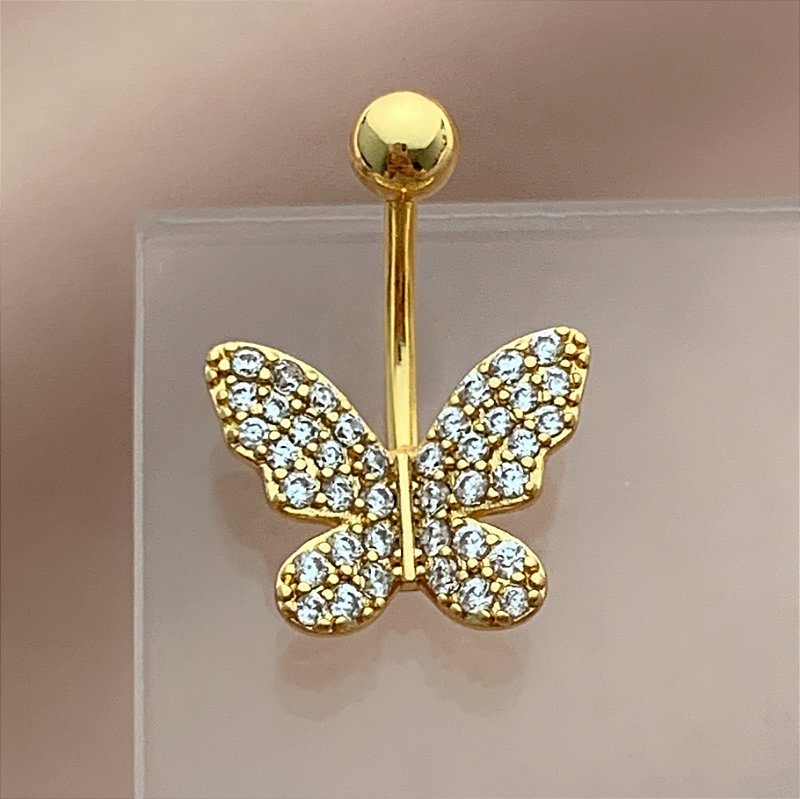 PIERCING UMBIGO BORBOLETA ZIRCÔNIAS G 10MM AÇO 316L FOLHEADO A OURO 18K SEMIJOIA PARA ATUALIZAÇÃO⭐️