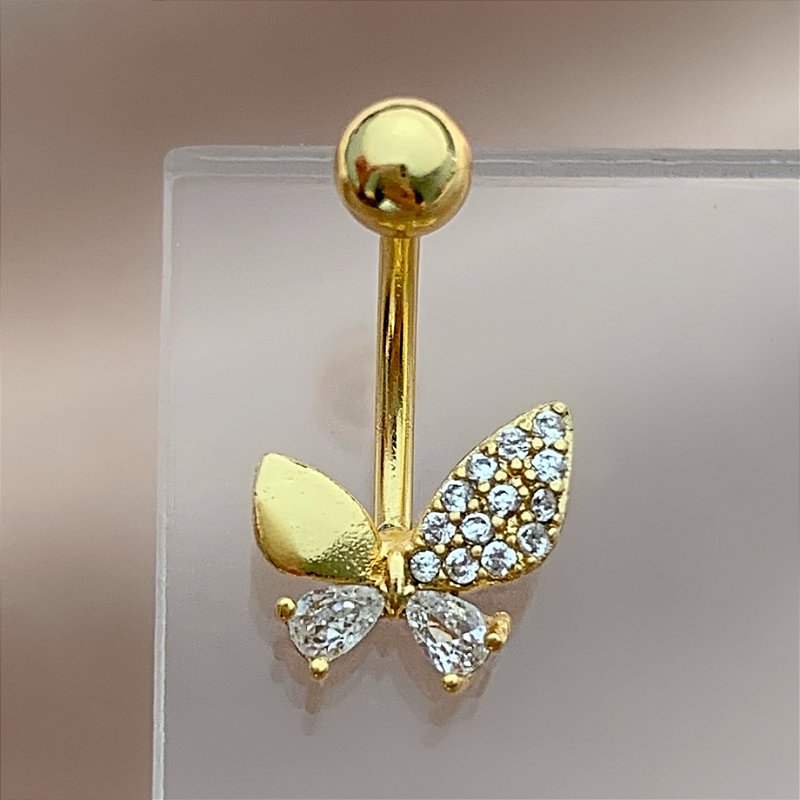 PIERCING UMBIGO BORBOLETA ABSTRATA ZIRCÔNIAS 10MM AÇO 316L FOLHEADO A OURO 18K SEMIJOIA PARA ATUALIZAÇÃO⭐️