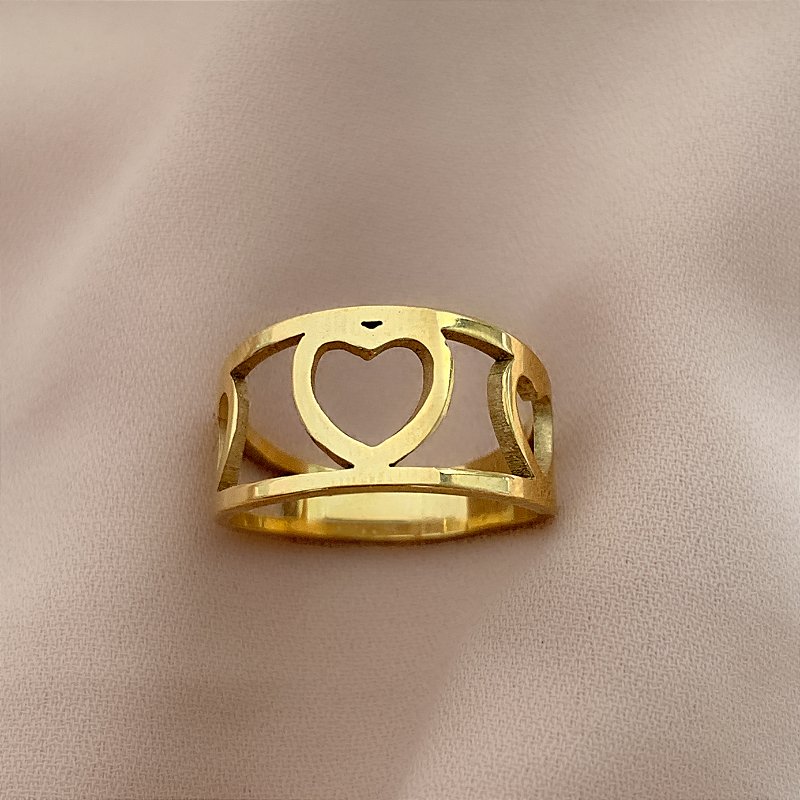 ANEL FILEIRA CORAÇÕES VAZADOS DOURADO AÇO 316L⭐️