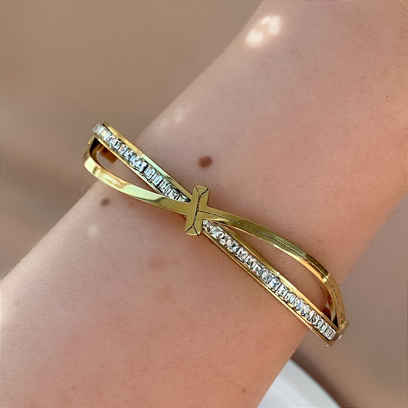 PULSEIRA / BRACELETE FIOS CRUZDOS LISO E ZIRCÔNIAS DOURADO AÇO 316L PREMIUM⭐️