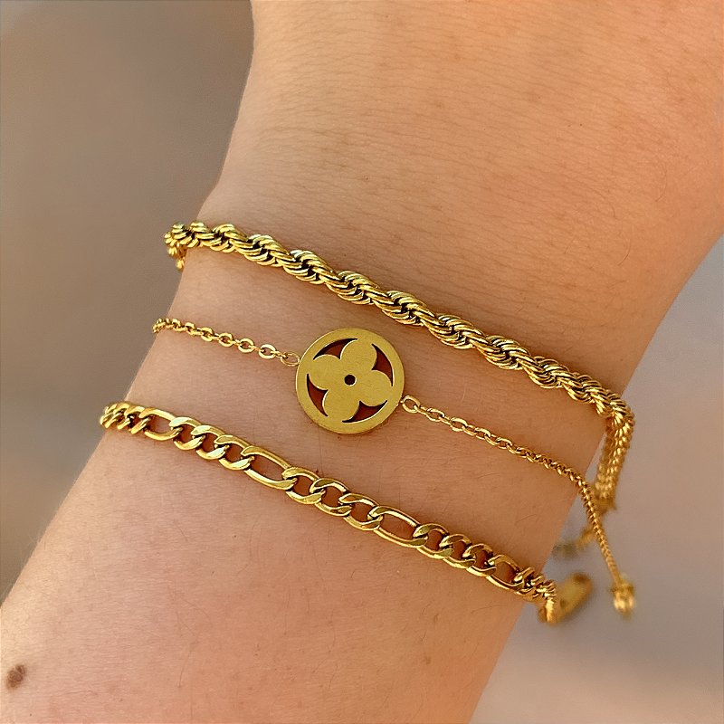 PULSEIRA KIT CORRENTES CLÁSSICAS TREVO LISO DOURADO AÇO 316L⭐️