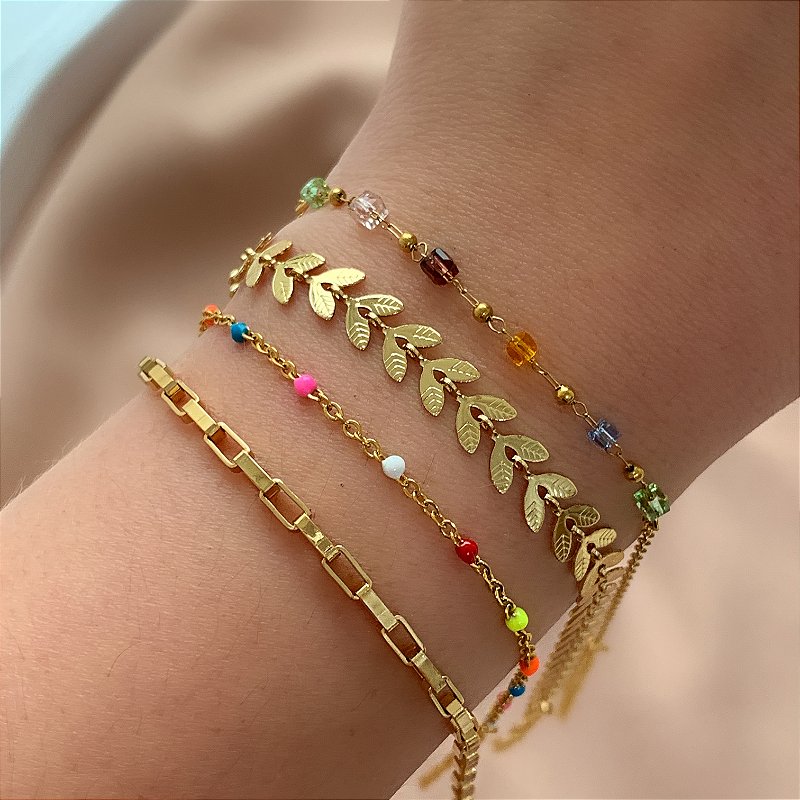 PULSEIRA KIT CORRENTES FORMATOS PEDRAS COLORIDAS DOURADO AÇO 316L PREMIUM⭐️