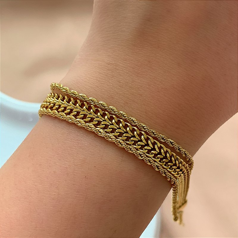 PULSEIRA TRIPLA CORRENTE GROSSA E FITA FINA TORCIDA DOURADO AÇO 316L PREMIUM⭐️