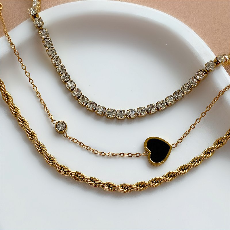 PULSEIRA KIT STRASS, CORAÇÃO E CORDÃO BAIANO DOURADO AÇO 316L⭐️
