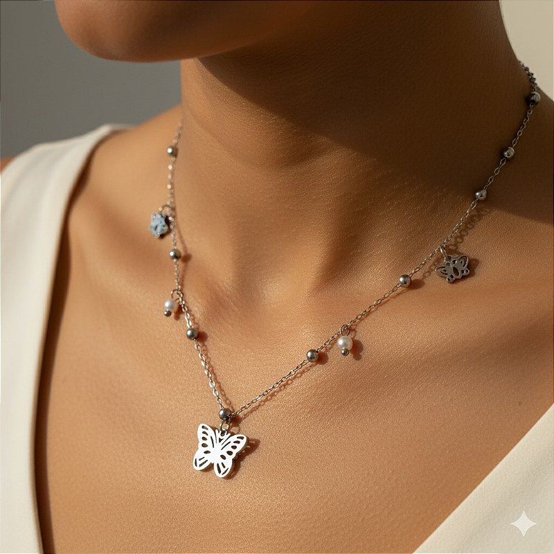 COLAR CORRENTE BOLINHAS E BORBOLETAS AÇO 316L PREMIUM⭐️