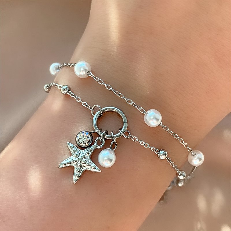 PULSEIRA FIO DUPLO BOLINHAS E PÉROLAS PINGENTE ESTRELA DO MAR AÇO 316L⭐️