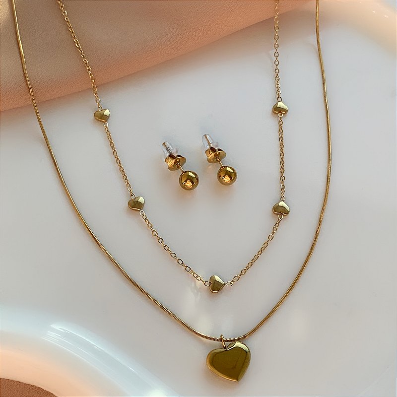 COLAR E BRINCO KIT CORRENTE DUPLA CORAÇÕES LISOS DOURADO AÇO 316L PREMIUM⭐️