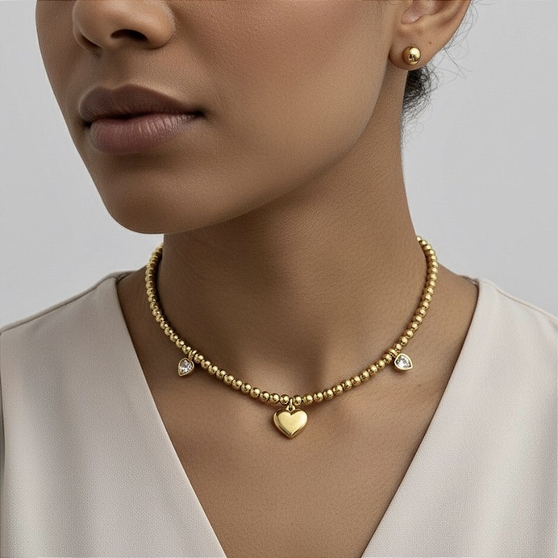 COLAR E BRINCO KIT CORRENTE BOLINHAS PINGENTE CORAÇÃO LISO DOURADO AÇO 316L PREMIUM⭐️
