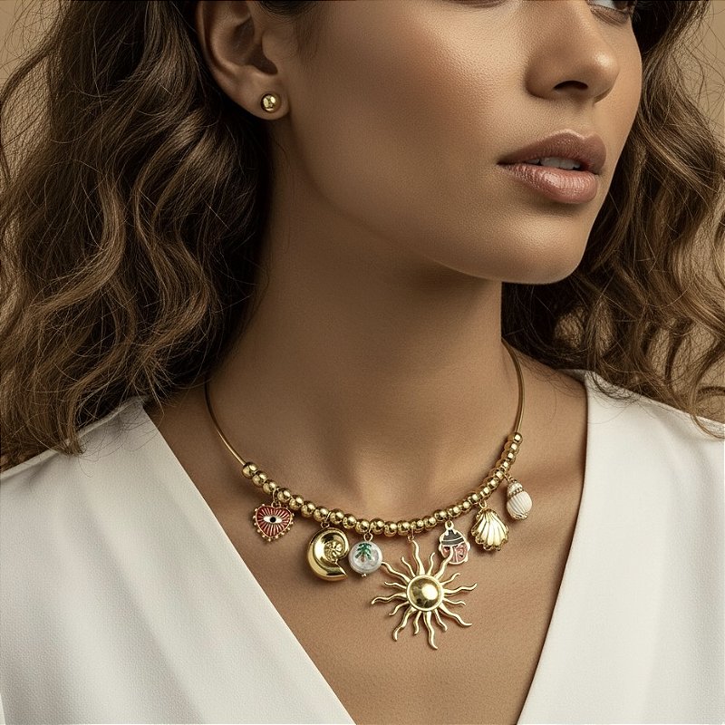 COLAR E BRINCO KIT PINGENTES DIVERSOS VERÃO DOURADO AÇO 316L PREMIUM⭐️