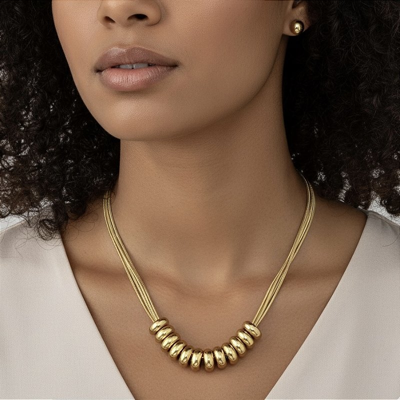 COLAR E BRINCO KIT FIOS PINGENTES AROS BOLEADOS DOURADO AÇO 316L PREMIUM⭐️