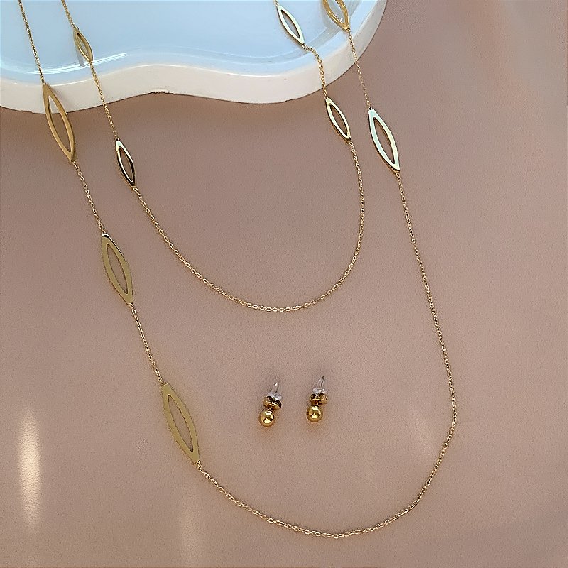 COLAR E BRINCO KIT DETALHE FORMATO FOLHA VAZADA DOURADO AÇO 316L PREMIUM⭐️