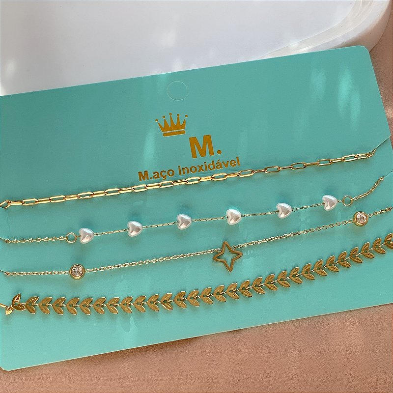 COLAR KIT CHOKER RAMINHOS E CORRENTE ANA DOURADO AÇO 316L PREMIUM⭐️