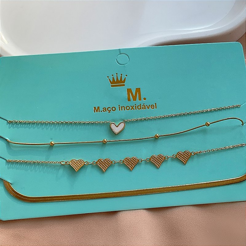 COLAR KIT CHOKER FITA FINA E CORAÇÕES LÍA DOURADO AÇO 316L PREMIUM⭐️