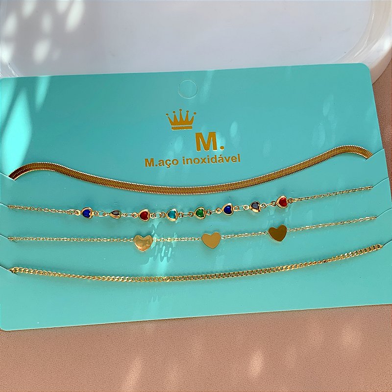 COLAR KIT CHOKER FITA FINA E CORAÇÕES CRISTAIS COLORIDOS BIA DOURADO AÇO 316L PREMIUM⭐️