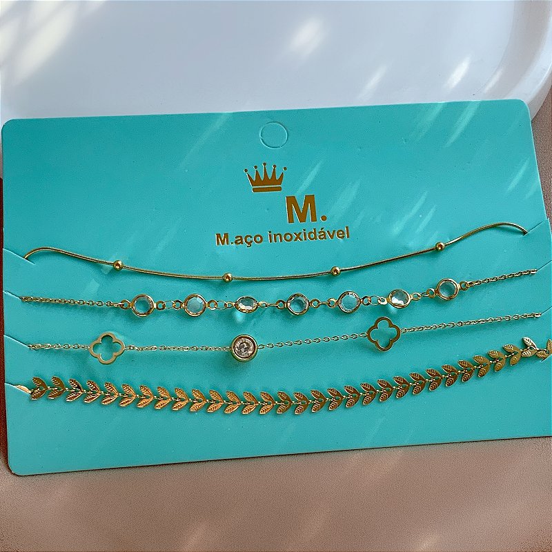 COLAR KIT CHOKER RAMINHOS E CRISTAIS CAROL DOURADO AÇO 316L PREMIUM⭐️