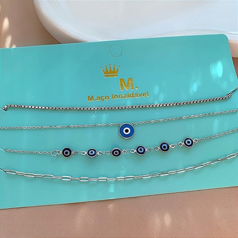 COLAR KIT CHOKER CORRENTES OLHO GREGO IZA AÇO 316L PREMIUM⭐️