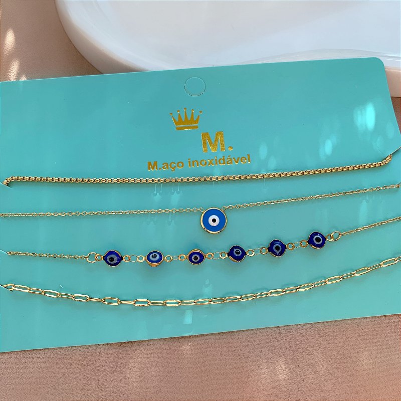 COLAR KIT CHOKER CORRENTES OLHO GREGO IZA DOURADO AÇO 316L PREMIUM⭐️