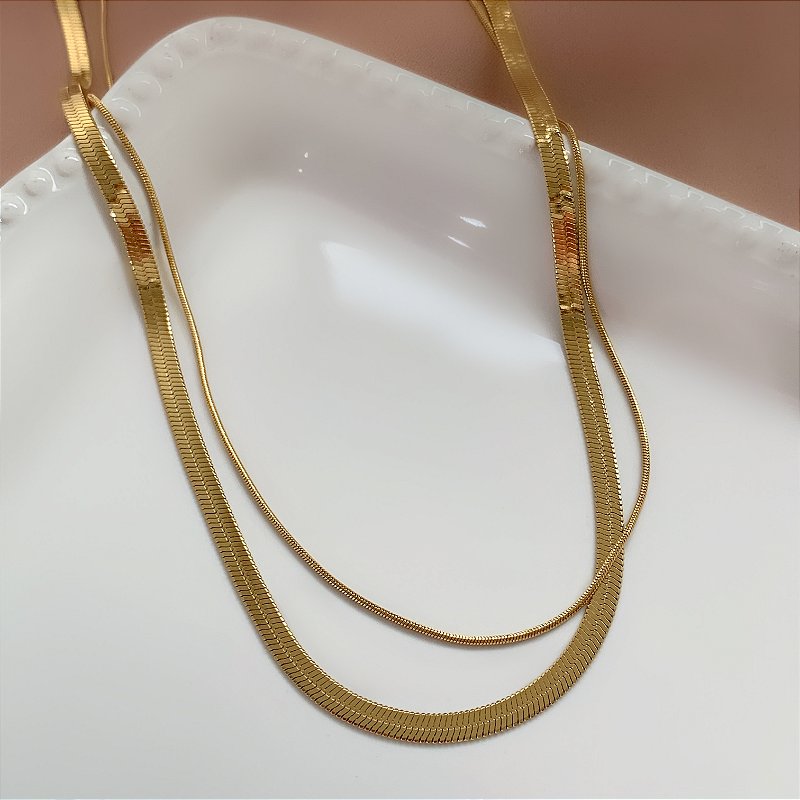 COLAR DUPLO FITA FINA E RABO DE RATO FINO DOURADO AÇO 316L⭐️