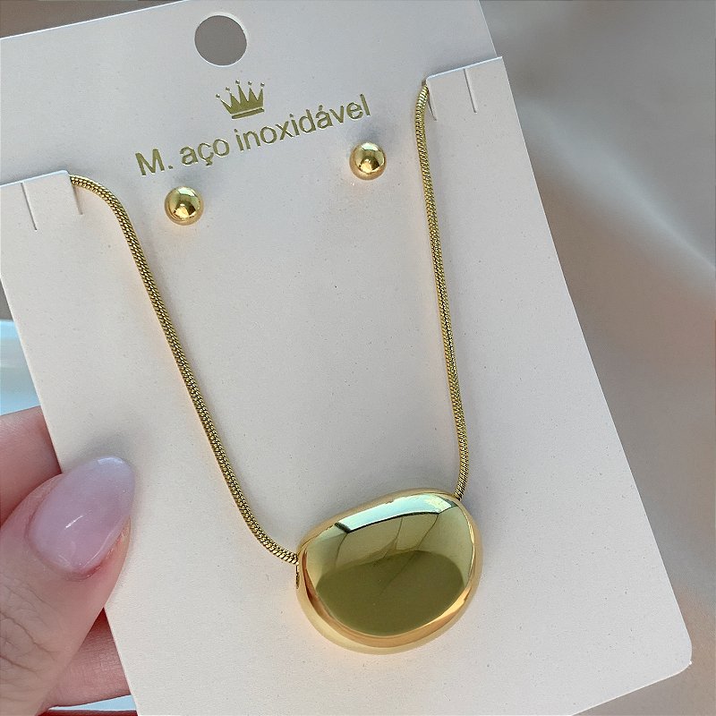 COLAR E BRINCO KIT PINGENTE ORGÂNICO BOLEADO DOURADO AÇO 316L PREMIUM⭐️