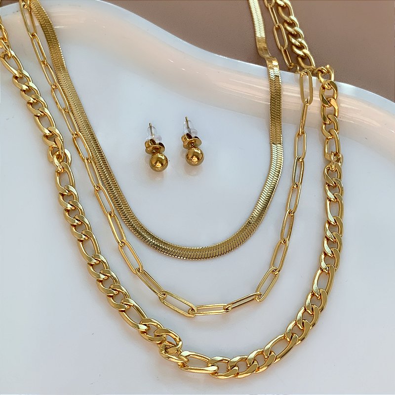 COLAR E BRINCO KIT CORRENTE TRIPLA CLÁSSICA DOURADO AÇO 316L PREMIUM⭐️