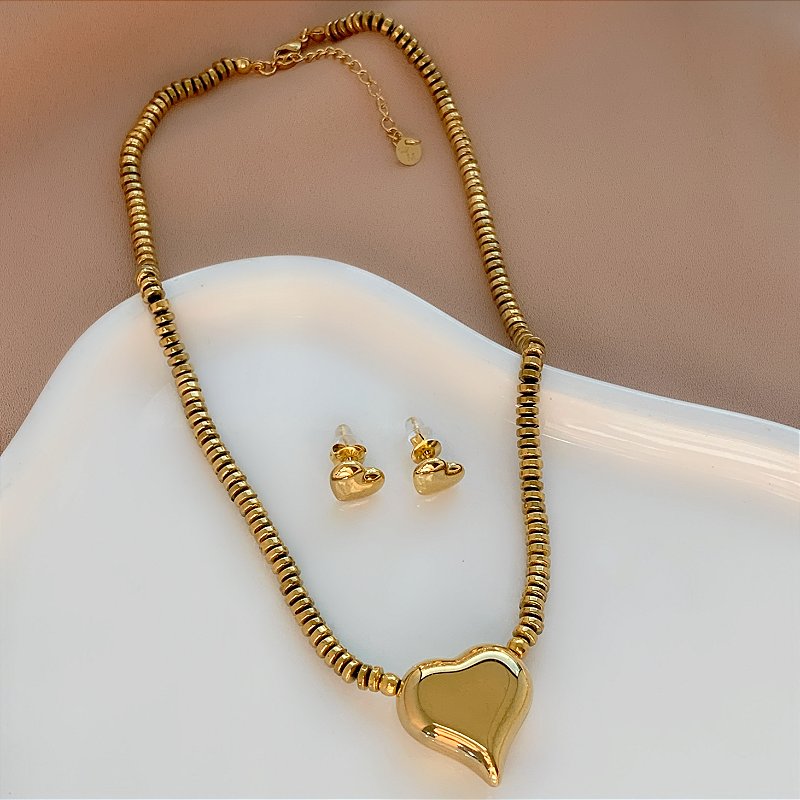 COLAR E BRINCO KIT CORRENTE MINI DISCOS CORAÇÃO DOURADO AÇO 316L PREMIUM⭐️