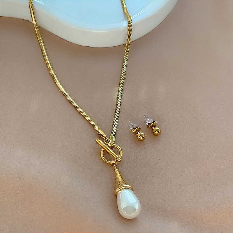 COLAR E BRINCO KIT CORRENTE COBRA GRAVATINHA PÉROLA GOTA DOURADO AÇO 316L PREMIUM⭐️