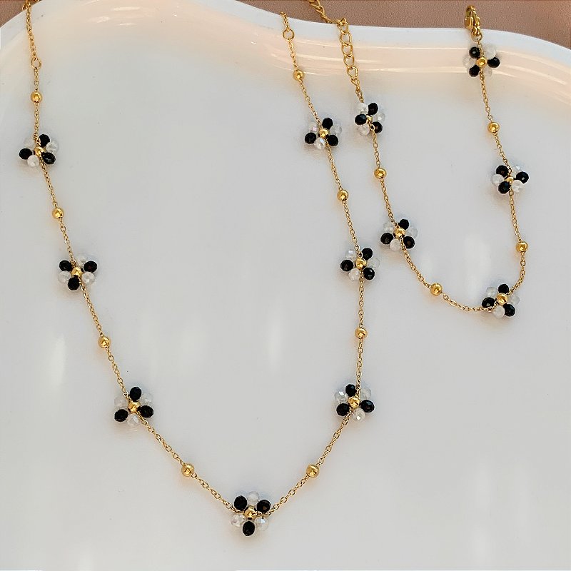 COLAR E PULSEIRA KIT FLORZINHAS CRISTAIS MESCLADAS DOURADO AÇO 316L PREMIUM⭐️
